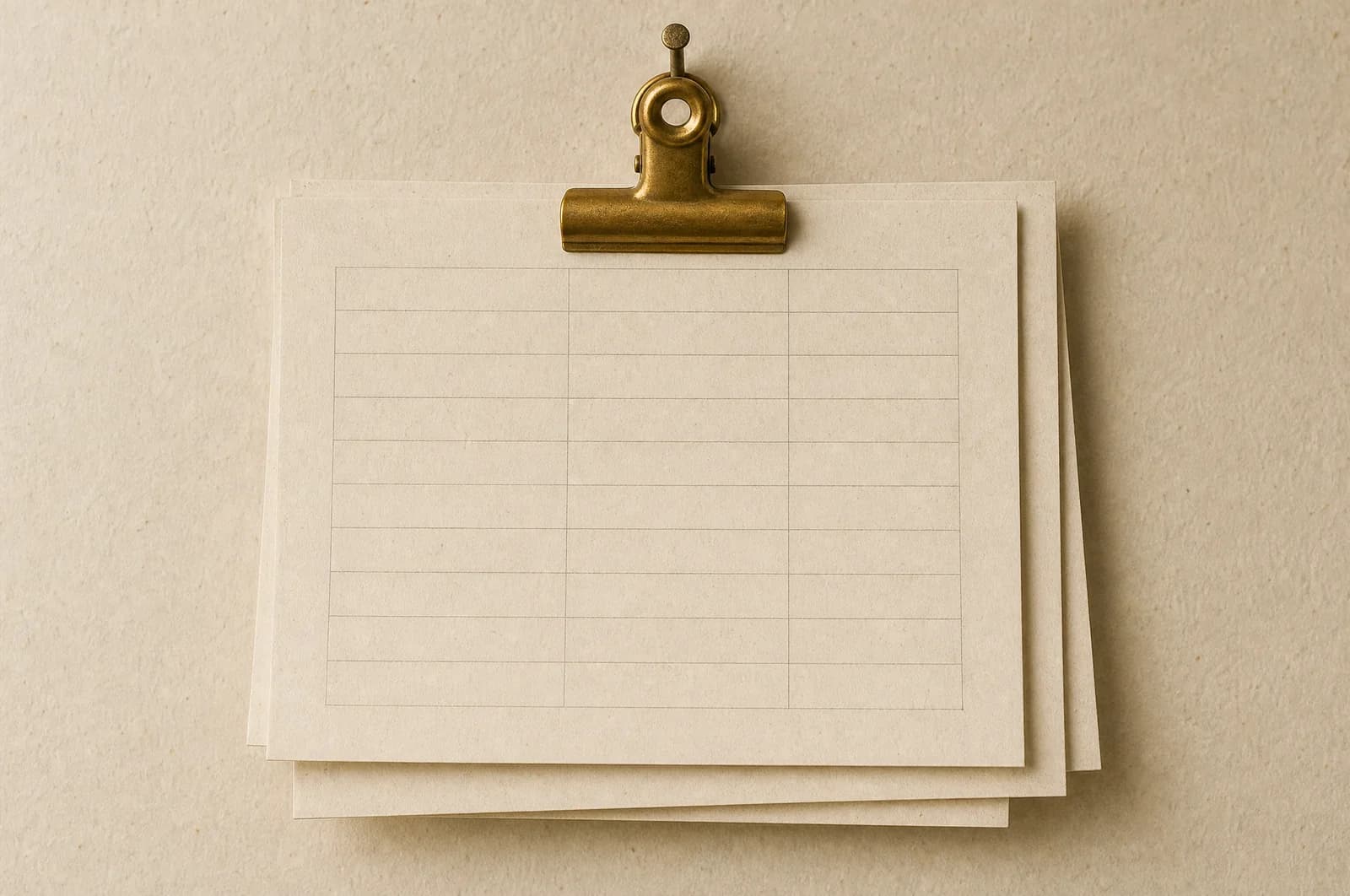 Three blank ruled sheets held in a brass bulldog clip