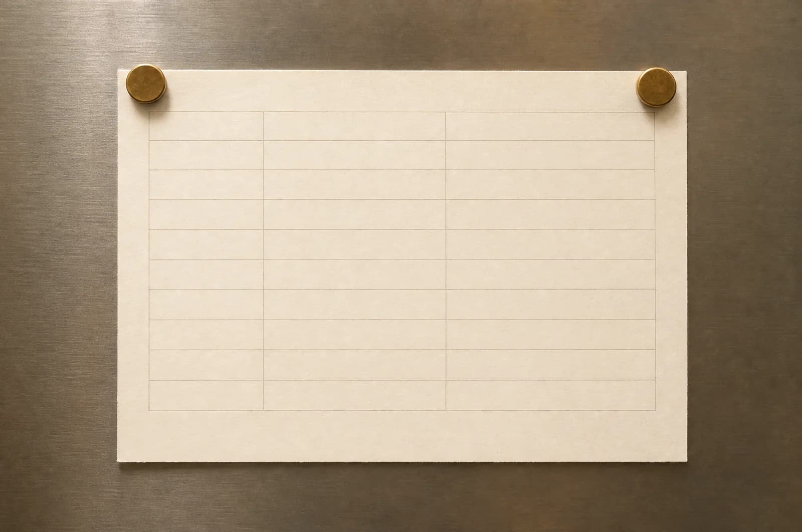 A blank ruled quantity sheet held flat against a metal panel by two brass magnets