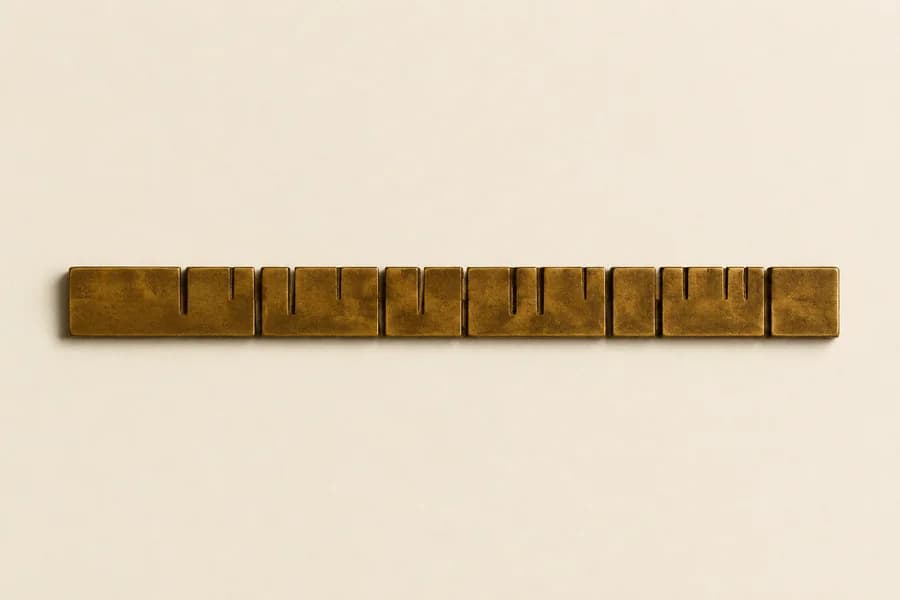 A brass strip with deeply engraved notches at uneven intervals