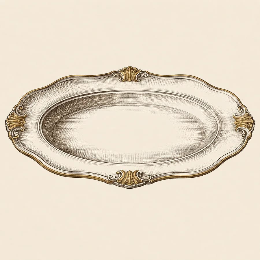 Line engraving of an empty oval serving platter
