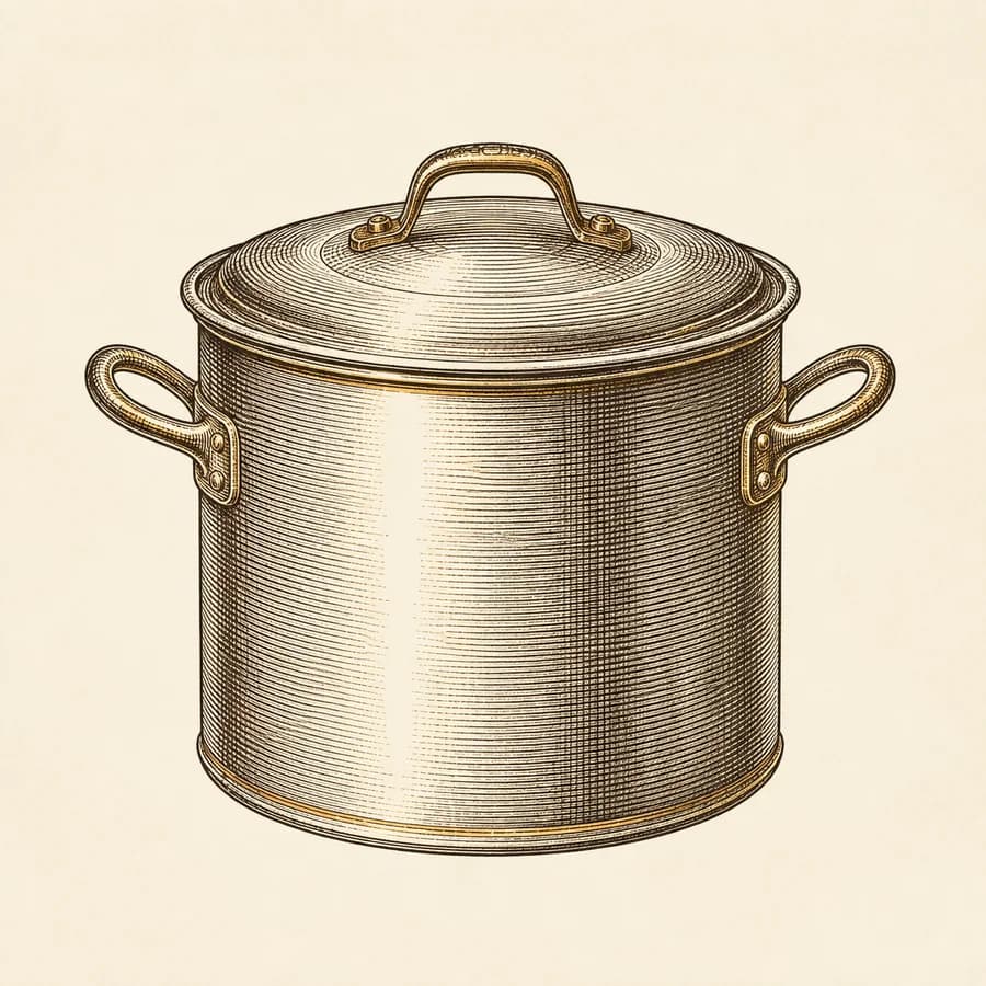 Line engraving of a lidded stock pot